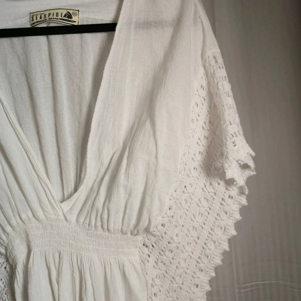 Seaspicea Resort Wear White Cotton Butterfly Crochet Trim Cover‎ Up Dress Medium